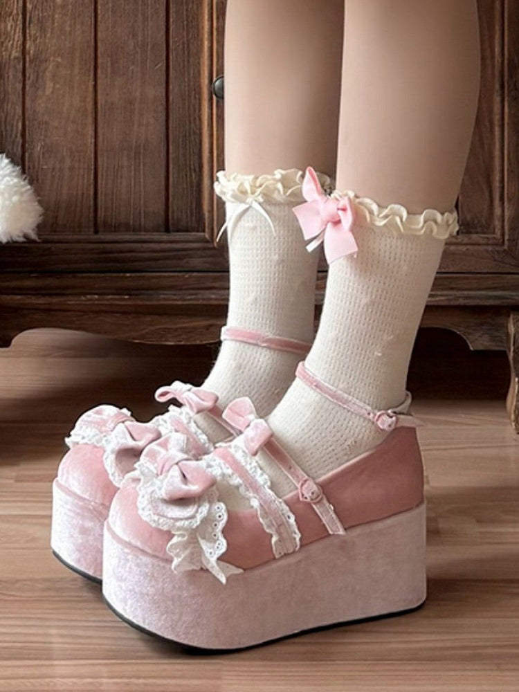 Sweet Cute Mary Bear Velvet Accents Bow Pink Janes Platform -