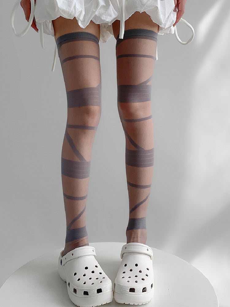 Y2K Overknee Grau/Weiß/Schwarz/Beige Strümpfe Crisscorss Banded