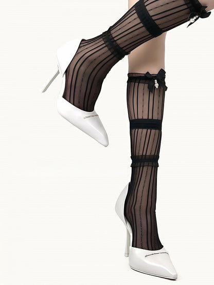 with Charms 4 Ruffles Bowknot Colors Socks Decorated Calf Bead Three-Layer