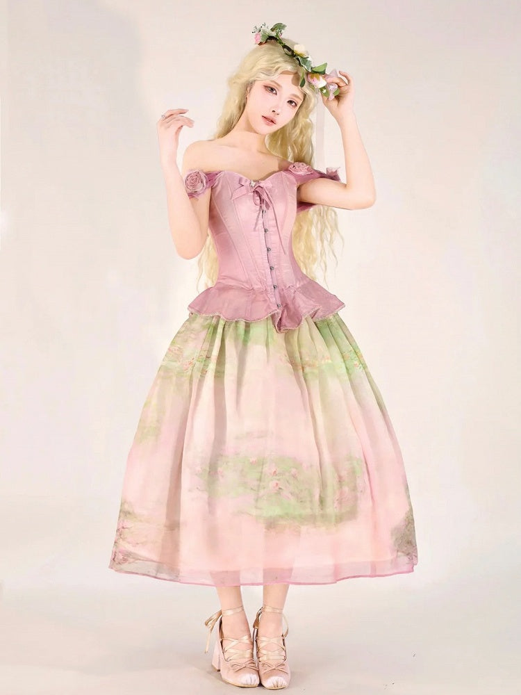 Korsagen-Top mit abnehmbarem Blumenschmuck, Saumvolant, Rosa