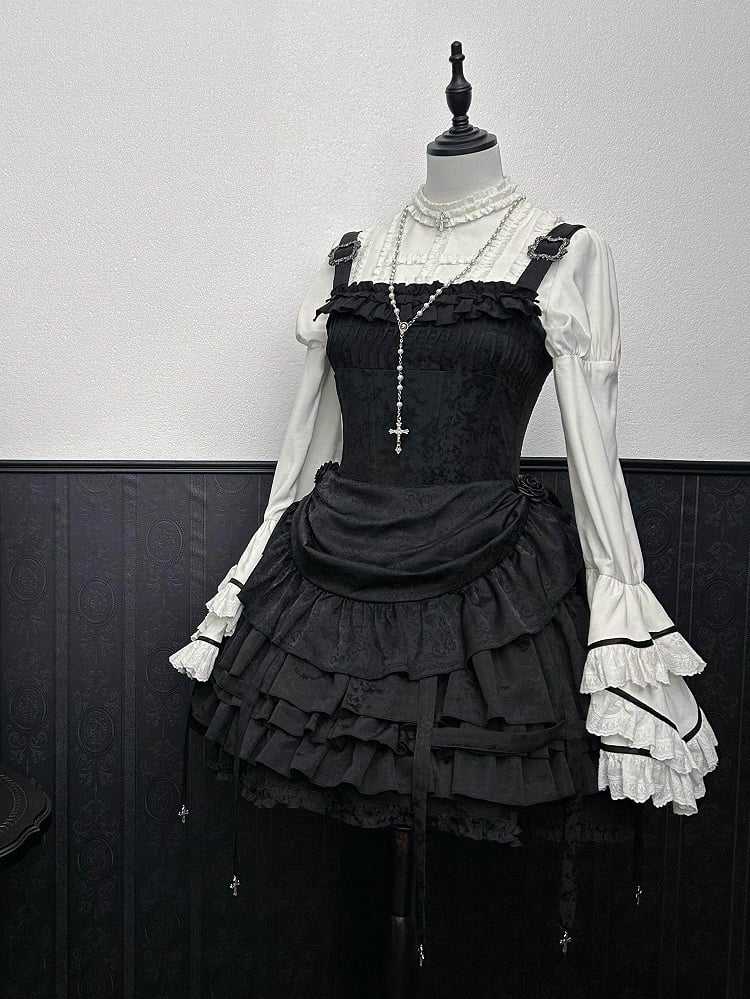 Lolita Tiered Black Ruffle with Waist Birdcage Skirt Dress Boned Gothic JSK