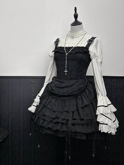 Lolita Tiered Black Ruffle with Waist Birdcage Skirt Dress Boned Gothic JSK