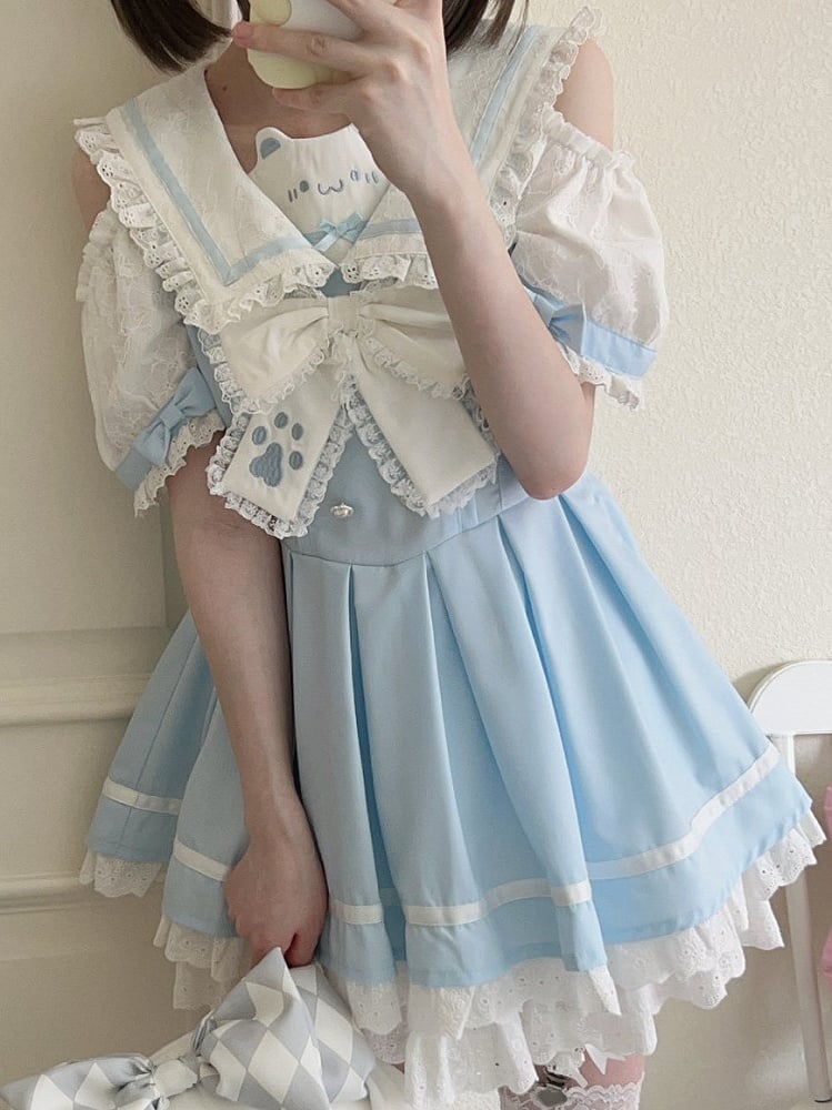 Trim Collar Blue Sailor Lace Daily Shoulder Cutout Kawaii Dress White with Design