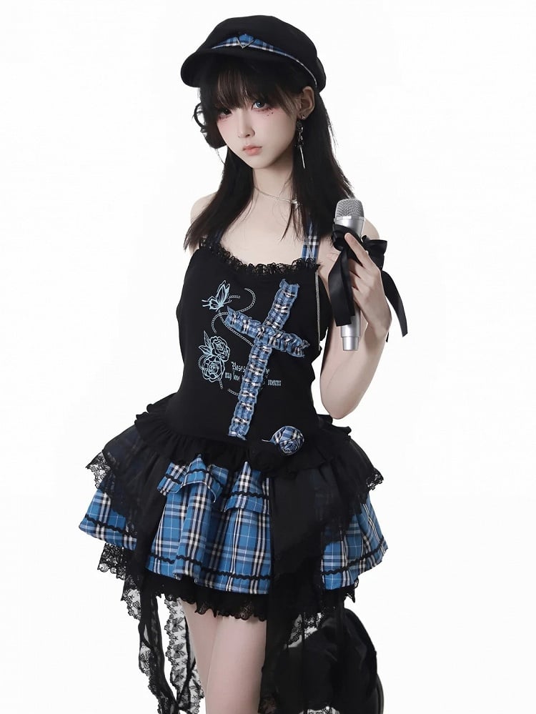 Print Design Butterfly Handkerchief Hem Idol Blue Plaid Criss-cross Halter Top Black and Rose