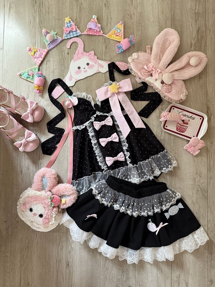 with Skirt Dot Bow Cherry and Halter Details Black Contrast Top Polka / Candy Patches