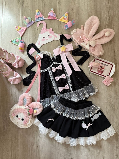 with Skirt Dot Bow Cherry and Halter Details Black Contrast Top Polka / Candy Patches