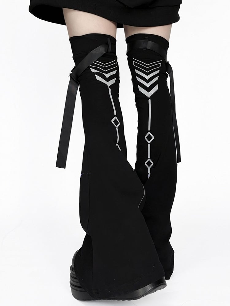 Reflective Leg Warmers Black Cyberpunk Design Techwear Flared Print