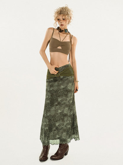 Halter Coffee Top Crop with Cami Built-in Triangle Cutout Padding