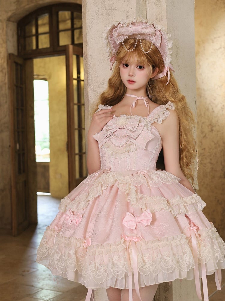 Stoff Rosa Lolita Süßes Kleid Schleife Jacquard Akzente Pullover Rock