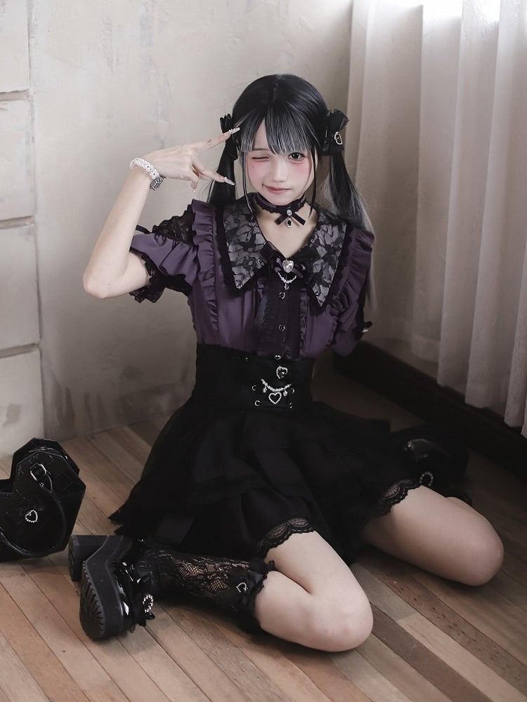 Jirai Kei Purple Lace Cutout Shoulder Short Sleeve Blouse with Ruffle Details - Ekomi