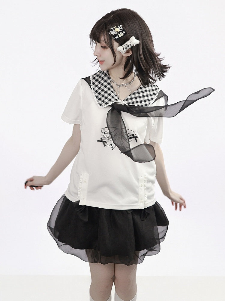 White Gingham Peter Pan Collar Tee with Cartoon Print - PINK SAVIOR