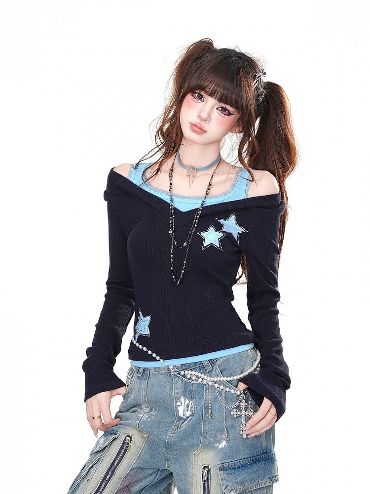 Black Blue/Black Red Rhinestone Star Glamorous Top