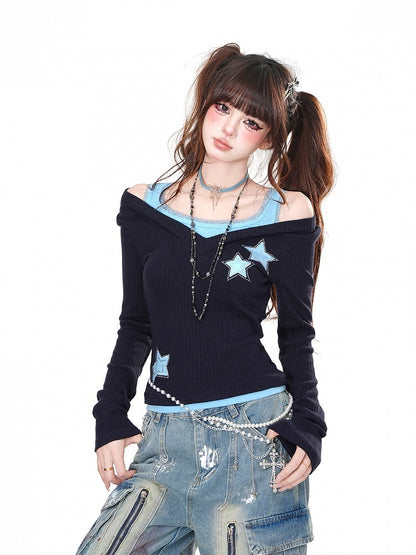 Black Blue/Black Red Rhinestone Star Glamorous Top