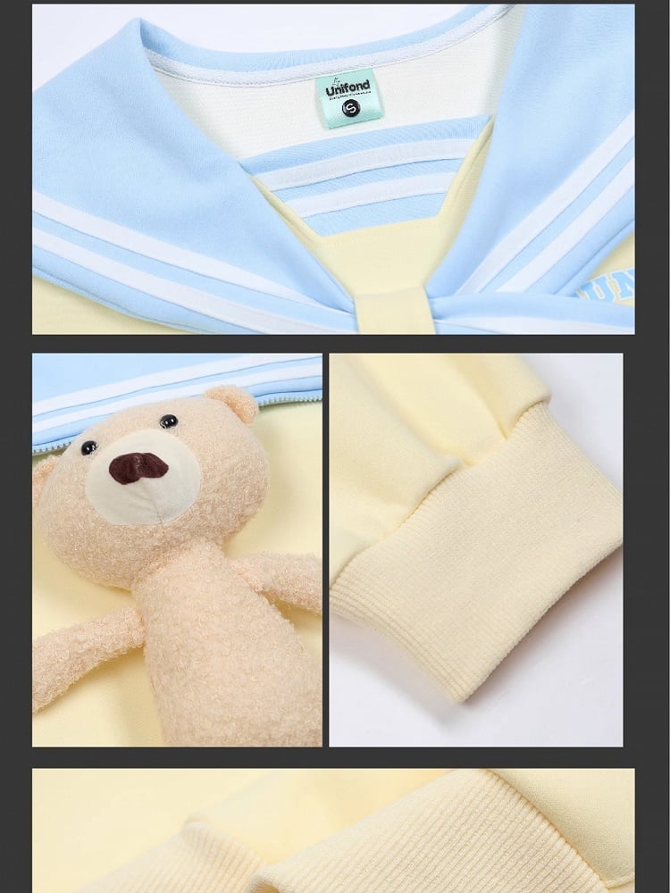 Hellgelb/Weiß/Marineblauer süßer Bären-Plüsch-Kapuzenpullover mit Matrosenkragen