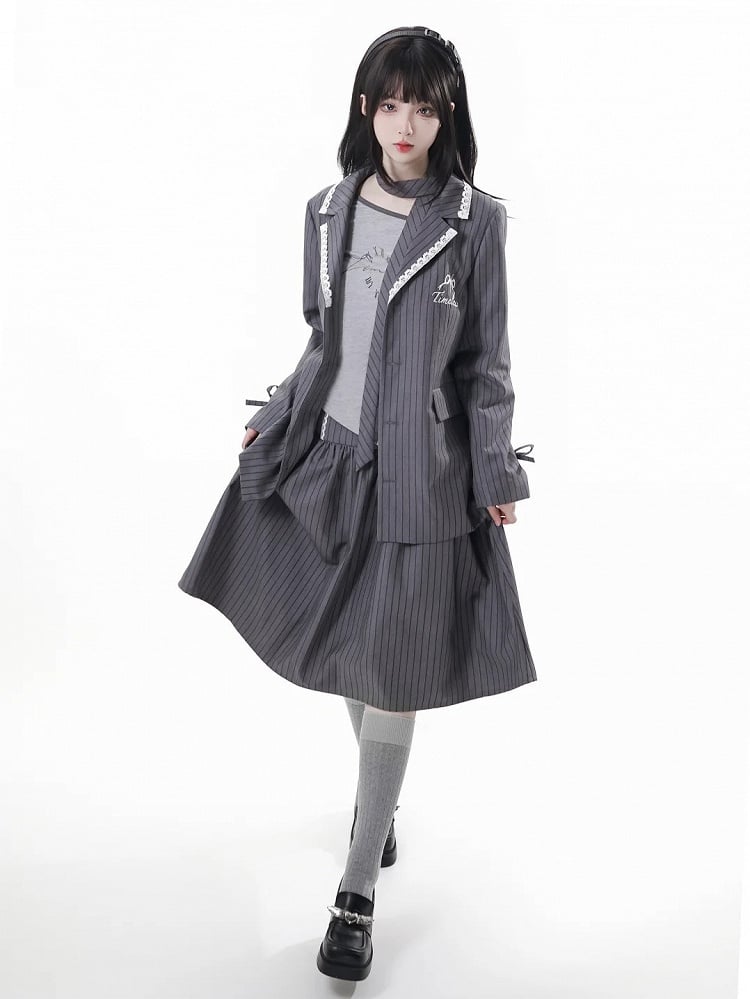 Gray Silhouette | Skirt Partial Button-Up Front Striped A-Line Preppy
