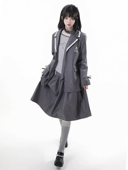Gray Silhouette | Skirt Partial Button-Up Front Striped A-Line Preppy