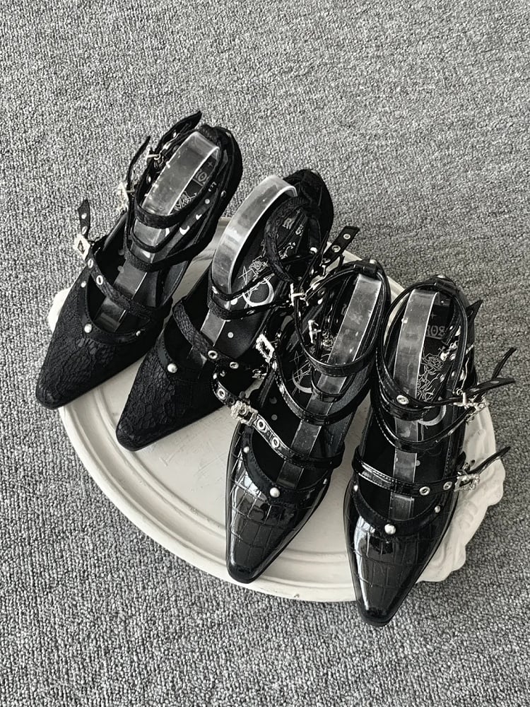 in Schnalle Leder Faux Poliert 8,5 cm Gothic Heel Hohe Krokodil Mehrere Heels Riemen mit Schwarz
