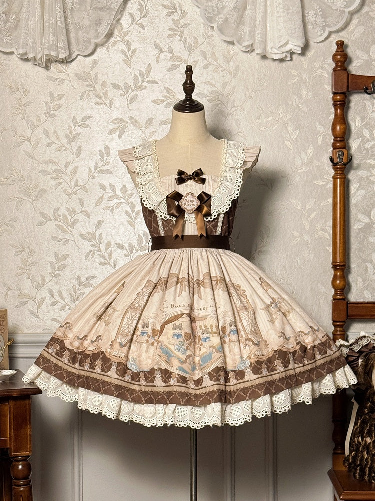 Sweet Print Lolita Jumper Skirt Brown Kitty Teddy and