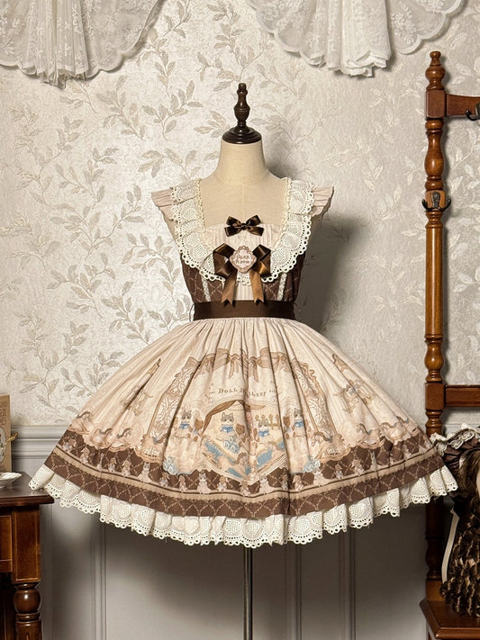 Sweet Print Lolita Jumper Skirt Brown Kitty Teddy and