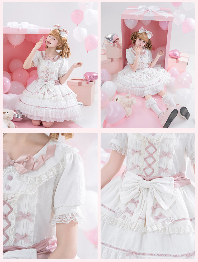Hime Pink und Peter Pan Kragen Stufenrock Balletcore Lolita Kleid Weiß OP