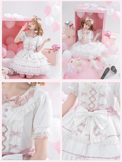 Hime Pink und Peter Pan Kragen Stufenrock Balletcore Lolita Kleid Weiß OP