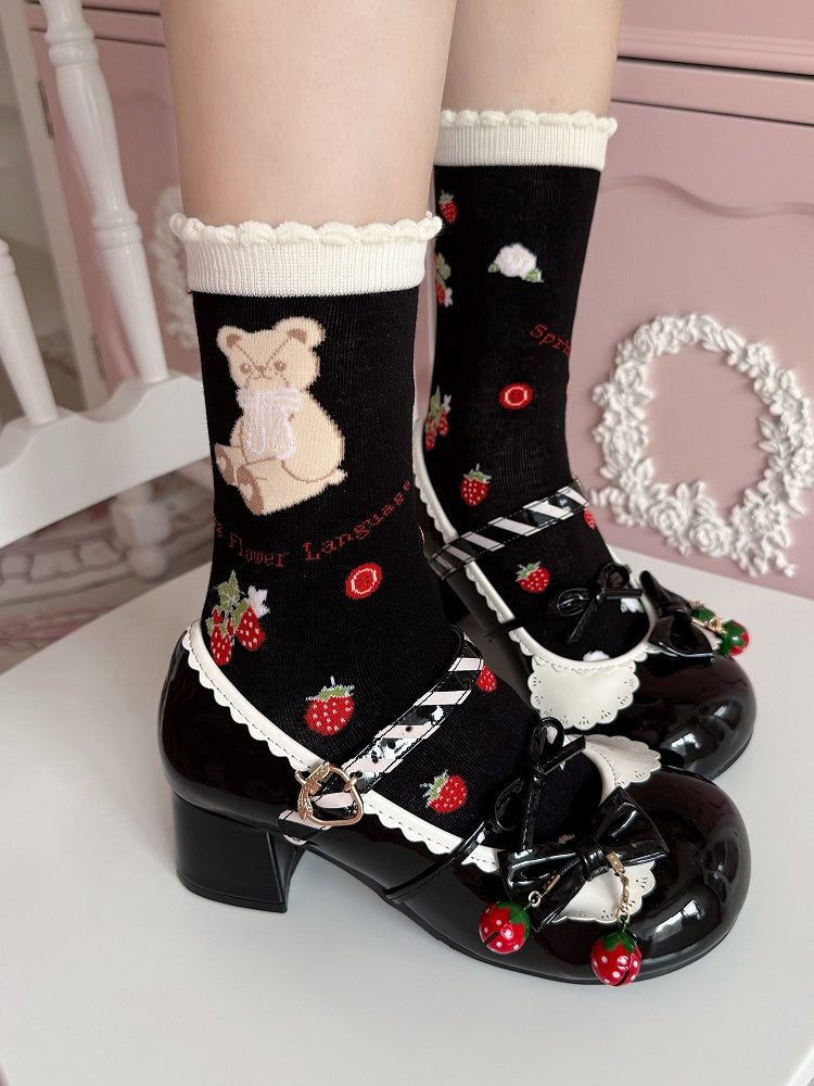 Sweet Pattern Lolita Bear Strawberry Ruffled Bunny Socks Cotton Theme and 4 Colors