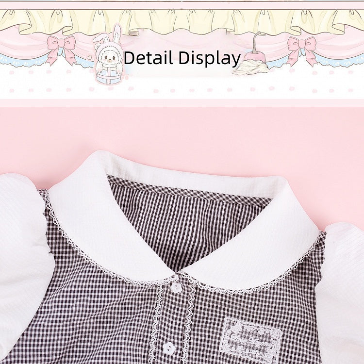 Black & White Gingham Peter Pan Collar Puff-Sleeve Blouse - serendipity