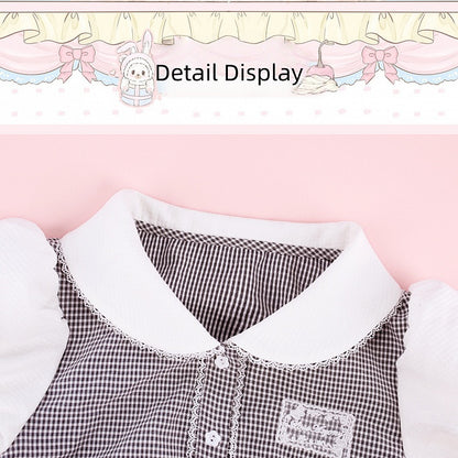 Black & White Gingham Peter Pan Collar Puff-Sleeve Blouse - serendipity