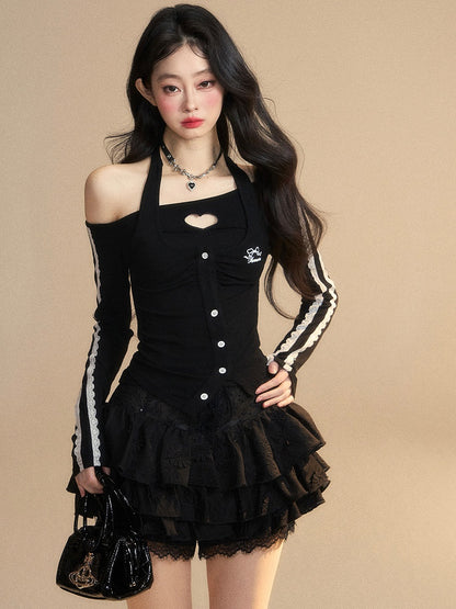 Trim Glamorous Spitzenausschnitt Schwarz Neckholder Herzförmiges Top Schmal geschnitten