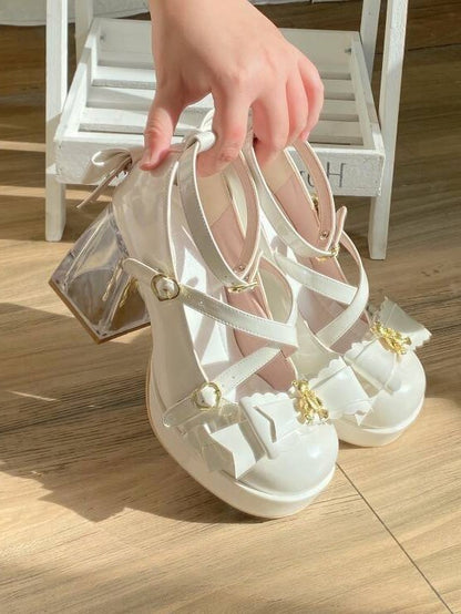 - White Leather Design Heel Lolita Shoes PU with Crisscross for Block High
