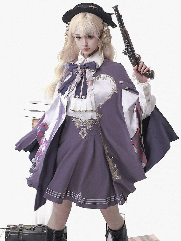 Magic Carnival Purple & White Bow Tie Blouse with Striped Skirt and Cape Set - Xiong Dou Jiang