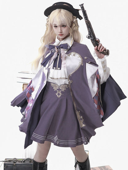 Magic Carnival Purple & White Bow Tie Blouse with Striped Skirt and Cape Set - Xiong Dou Jiang