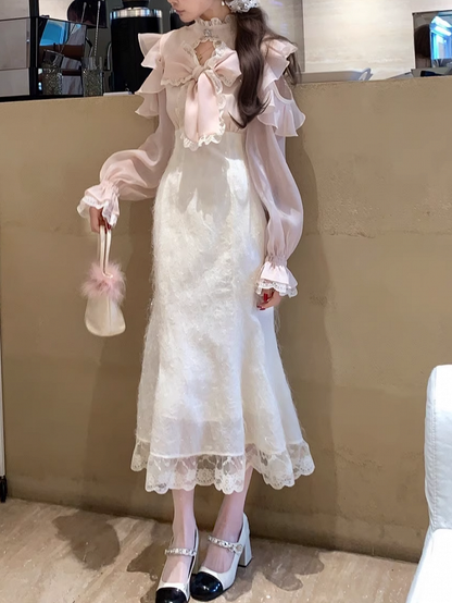 Shoulder Pink Dress and Clean Bow with Jirai Cutout Neckline Flutter Innocent Big Maxi Kei