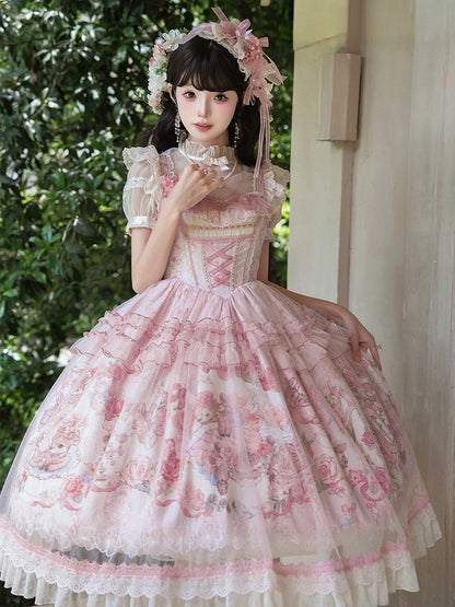 Pink Deer & Floral Print Flutter Sleeves Sweet Lolita JSK Dress with Overlay - Honey Machine