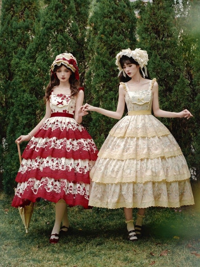 Lily Cherry Tiered Floral Dress Lolita Skirt Jumper Yellow and Classic Print