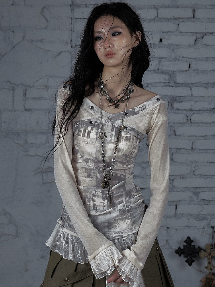 トリムスターレースウェイストランドパンクスタッド装飾ブラックグレー/ベージュTシャツと