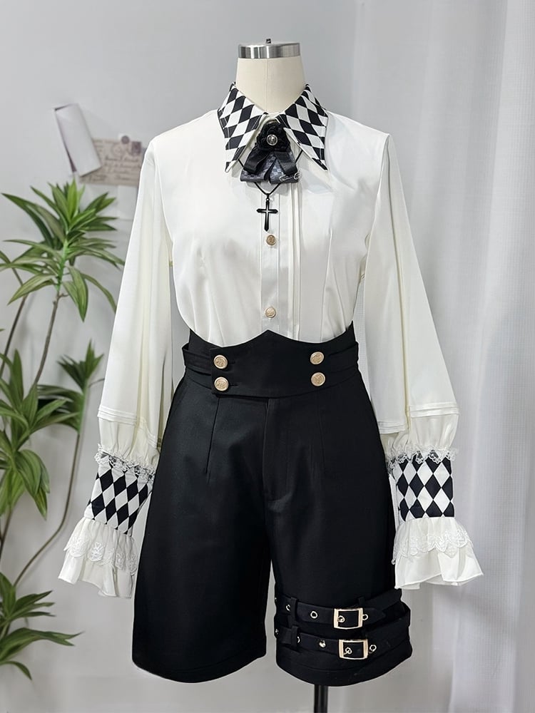 バイブスホワイトシャツ王子サーカスロングカラーチェッカーボードカフススリーブとプリントロリータ