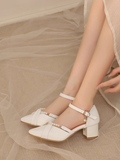 PU Detachable Beadstrap Leather Qi - Elegant Beaded Sandals Toe Buckle Pointed Charm Lolita
