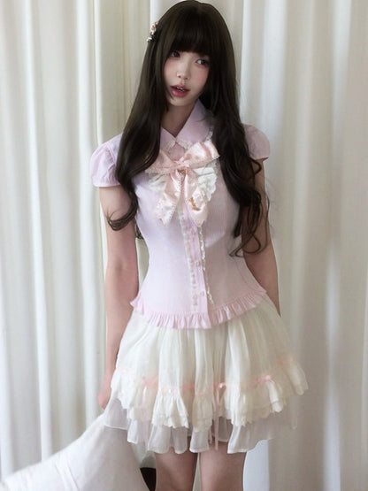 Pink Details Lace Blouse Seiso-Kei Ruffle Short Sleeve Striped With Bow Style