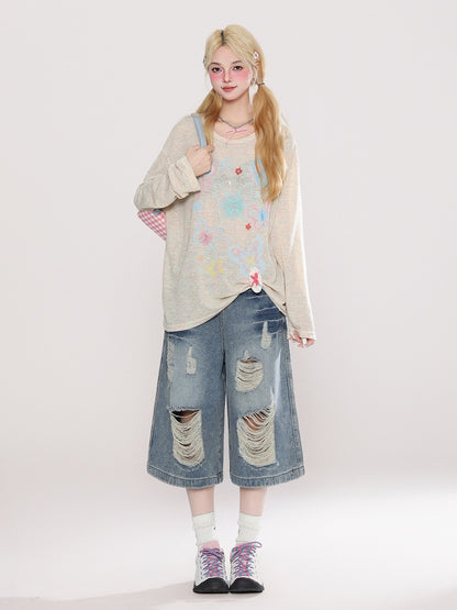 Long Top Embroidery Sleeve Semi-Sheer White/Yellow and Print Butterfly with