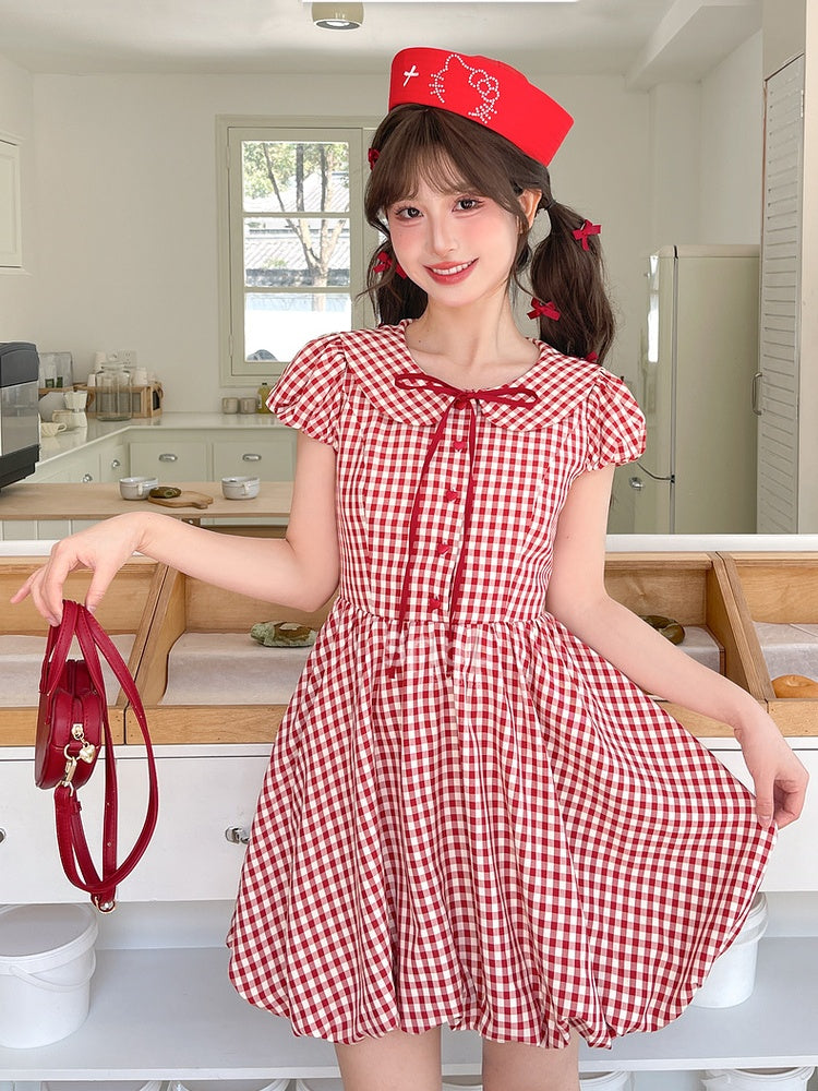 Skirt Plaid Sleeves Bubble Red Peter Pan Collar Puff Dress