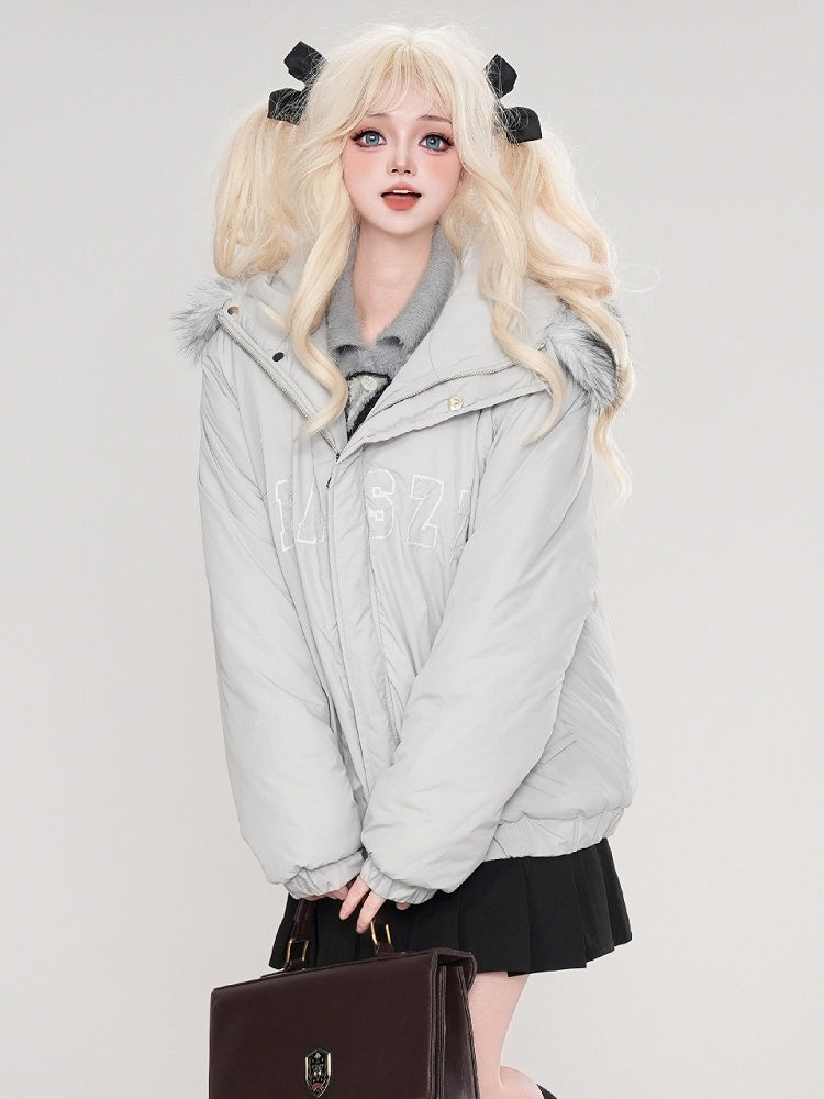 Grau/Apricot Buchstaben Druck Hasenohren Kapuze Dicke Jacke Abnehmbare Kapuze