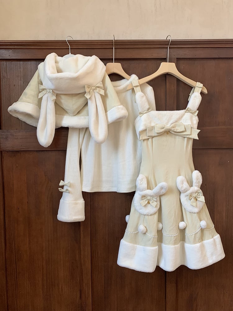 Gelbes Lolita-Kleid mit süßem Winterhasen-Motiv und Plüsch-Ausschnitt und -Saum