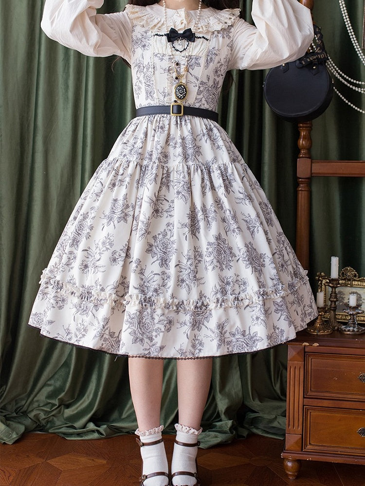 Beige & Black Rosette Print Elegant Classic Lolita JSK Dress with Lace Trim