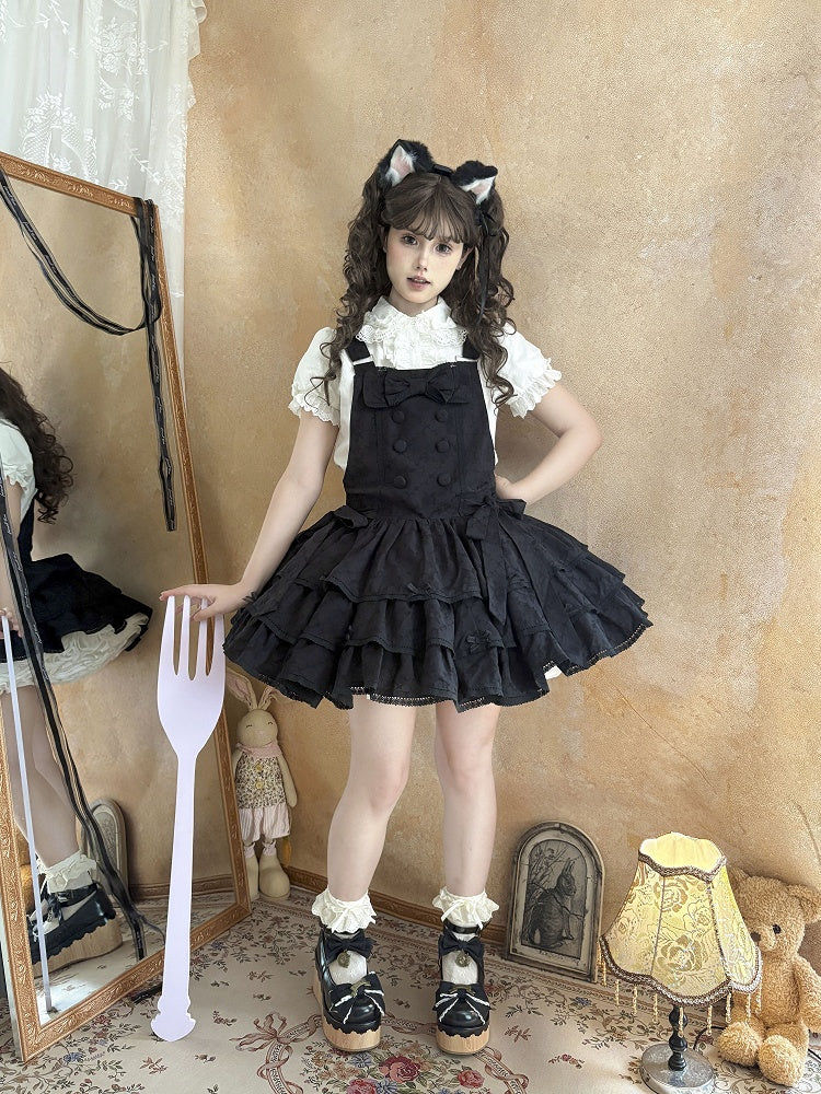Black Ruffle Sweet Lolita Buttons with Overall Dress Layered Double-Breasted