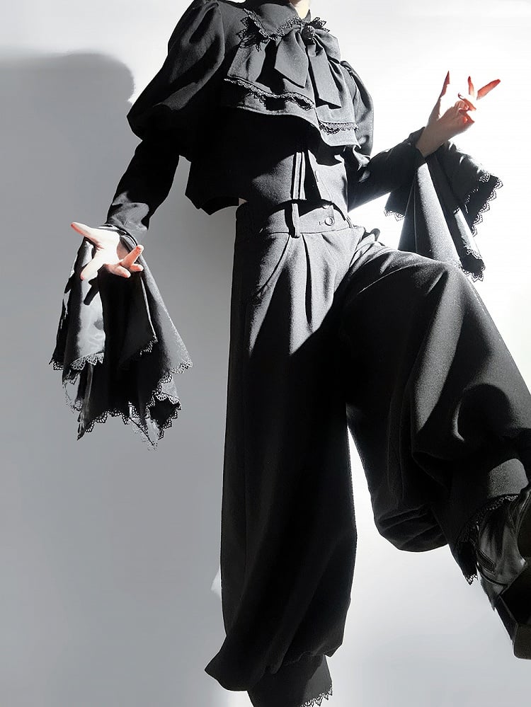 Lolita Black Gothic Cropped with Curved Wizard-Inspired Top Ouji Hemline