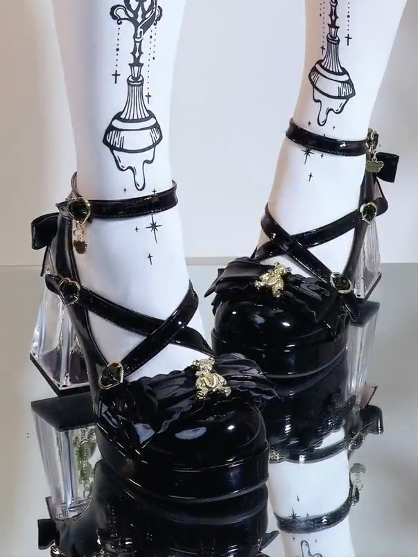Heels - Block Leather Black High PU Crisscross Straps Lolita Sweet