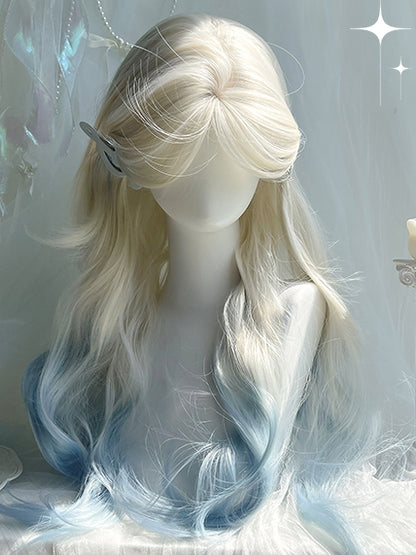 Bangs Blue Wigs Color 70cm Long Wavy Highlight Hair and White Curtain With Bangs/Air