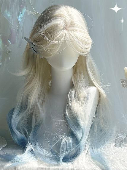 Bangs Blue Wigs Color 70cm Long Wavy Highlight Hair and White Curtain With Bangs/Air