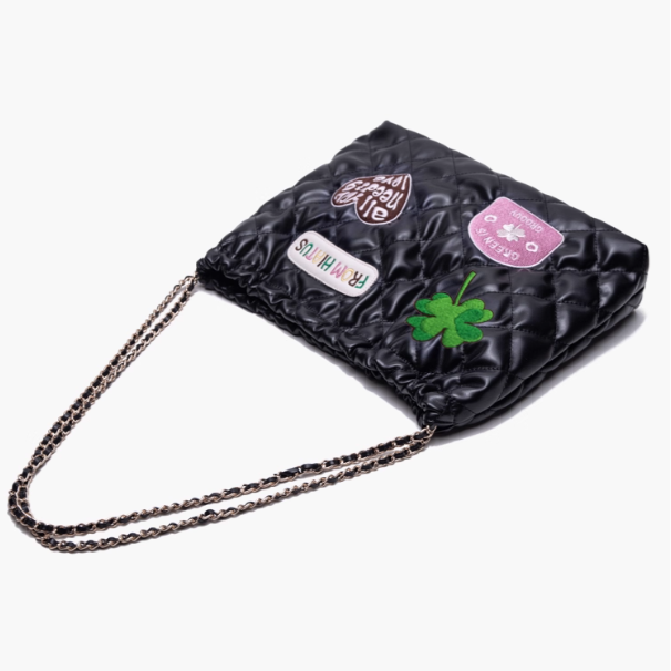 Quilted Drawstring Shoulder Black Diamond Bag With Clover And Letter Embroidery Chic
